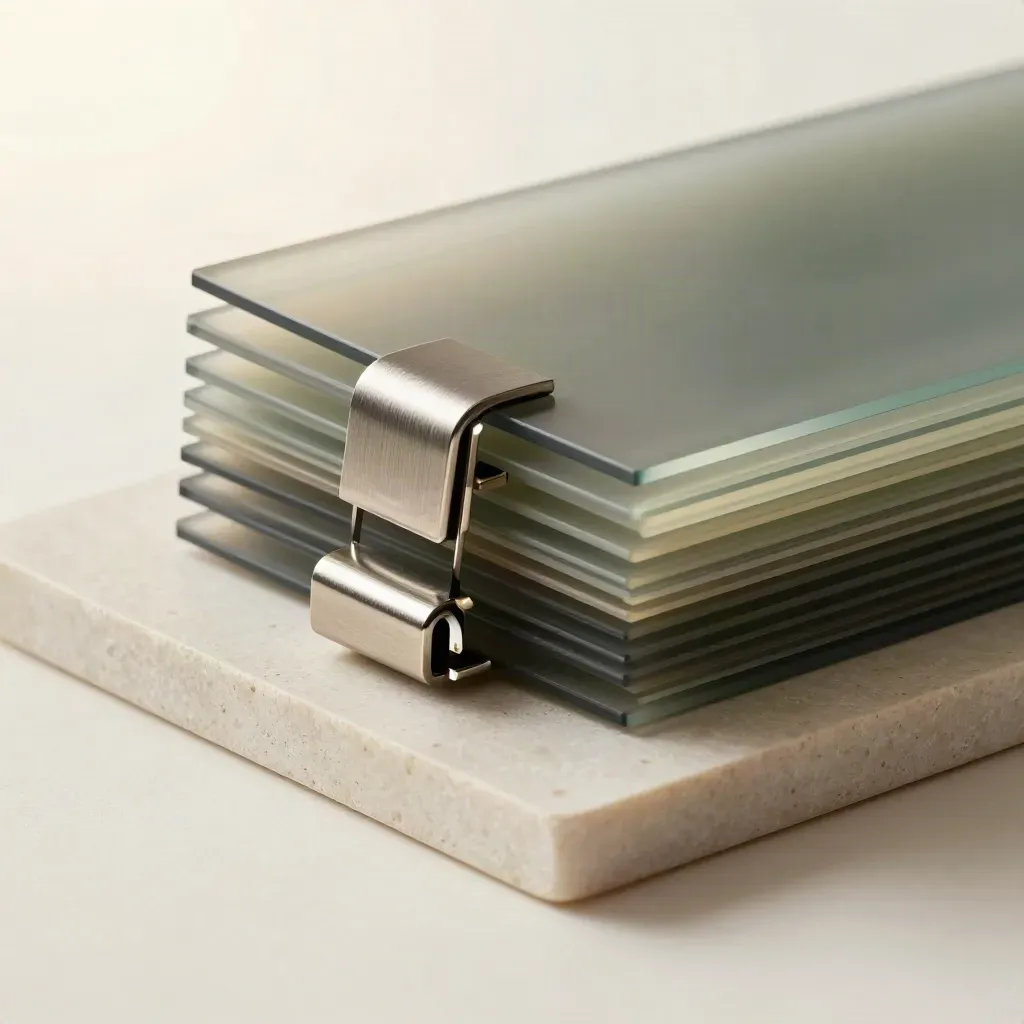 Translucent analytics panel layers on pale stone with brushed clamps and soft light