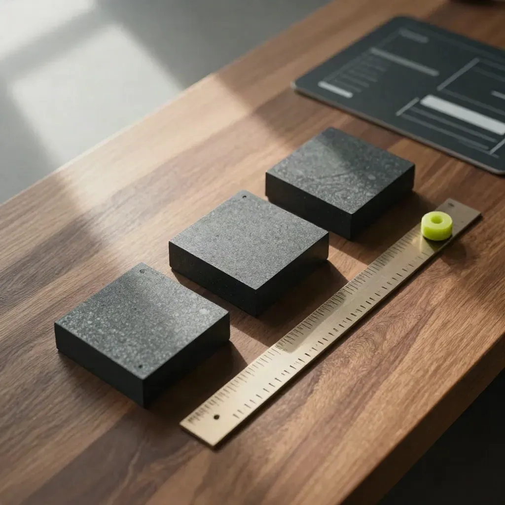 Overhead flatlay of scoring blocks, lime token and calibration strip on warm wood
