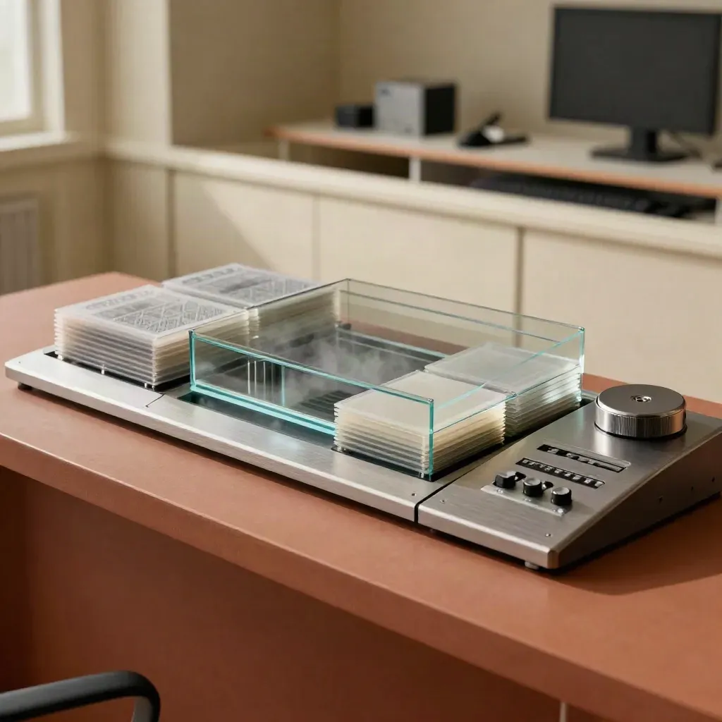 Vault-like sequence console with glass core and template wafers on a terracotta plinth