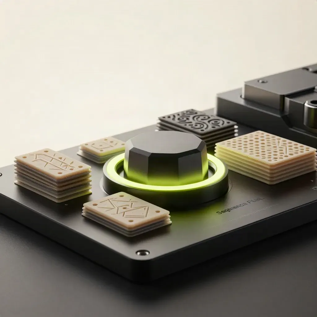 Sleek modular software console with glowing lime ring and template wafers on a dark plinth.