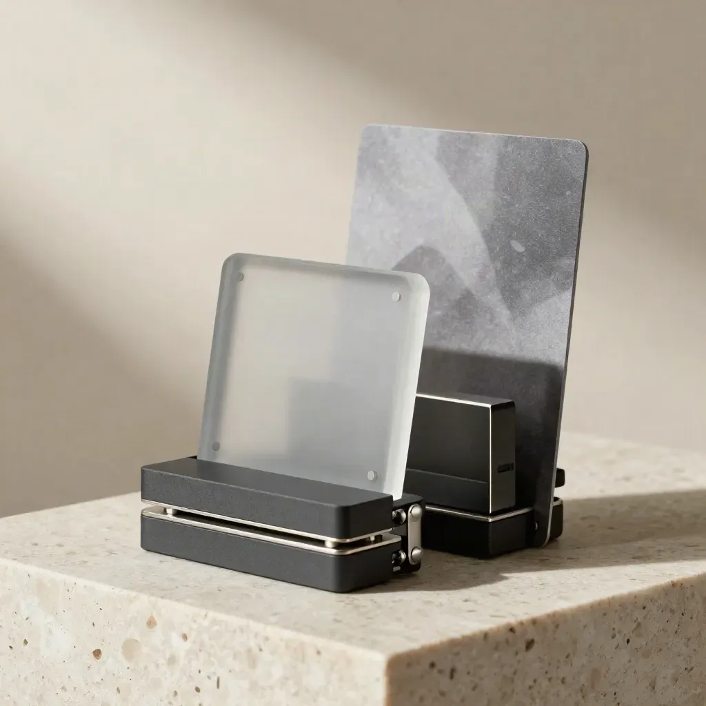Frosted modular starter stack on travertine with soft blurred backdrop