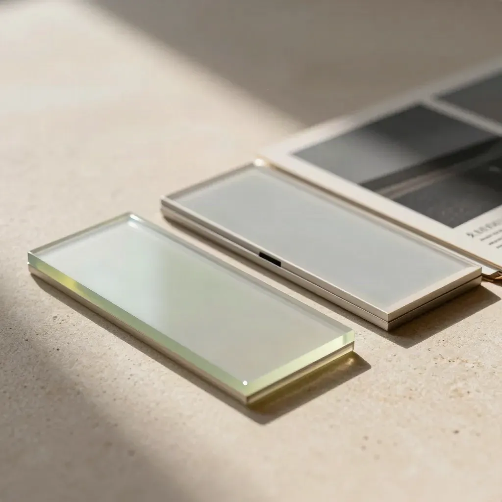 Two frosted A/B test tiles on stone with a divider dock and lime reflections.