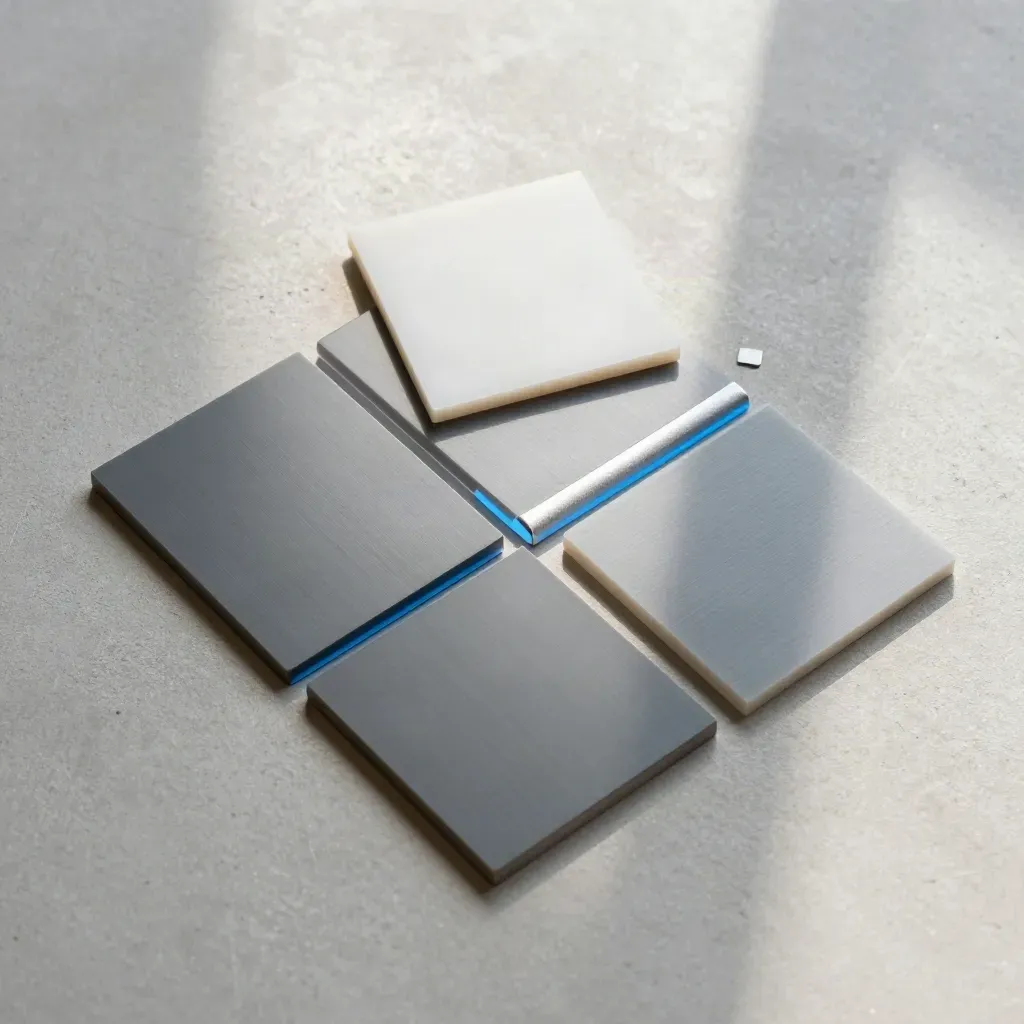 Overhead flatlay of reply cue tiles, metal strip, and routing chip on pale concrete.