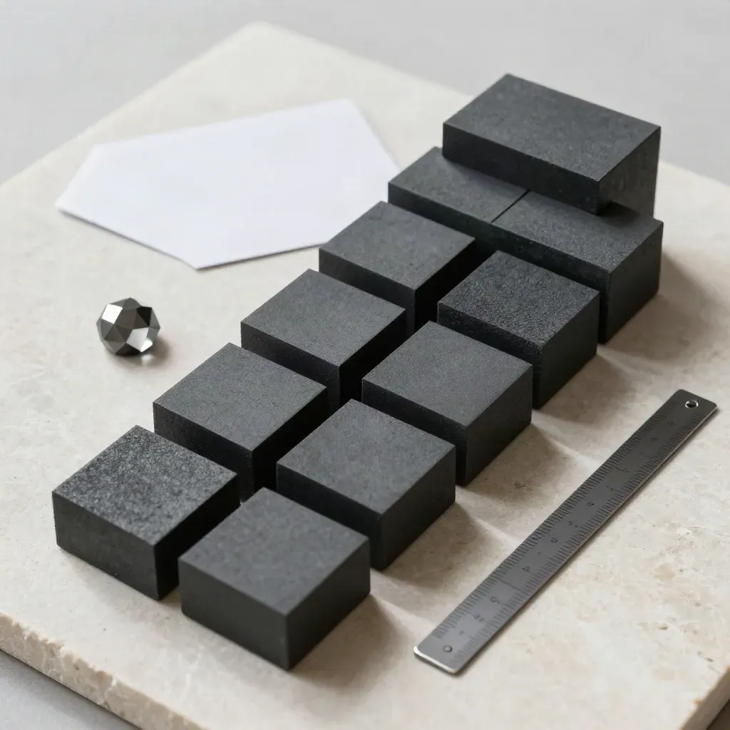 Top-down flatlay of seven charcoal blocks stepping diagonally with a slim rule bar on pale stone.