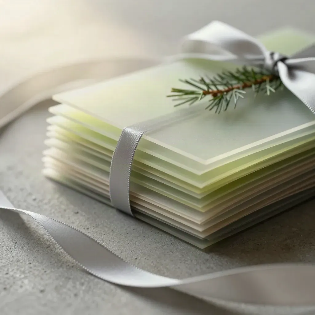 Macro of frosted template bundle cards with ribbon accents and evergreen sprig on cool concrete.