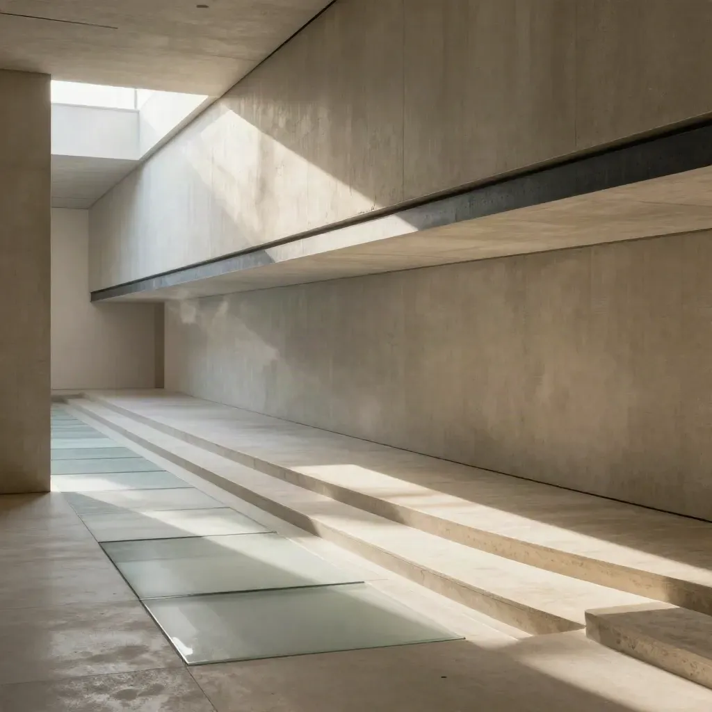 Sunlit concrete corridor with frosted workflow tiles and calm copy space.