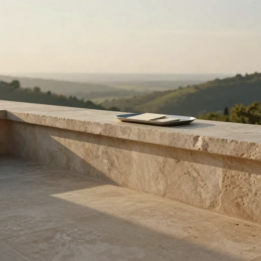 Sunlit stone terrace above a quiet valley with linen and soft haze at golden hour