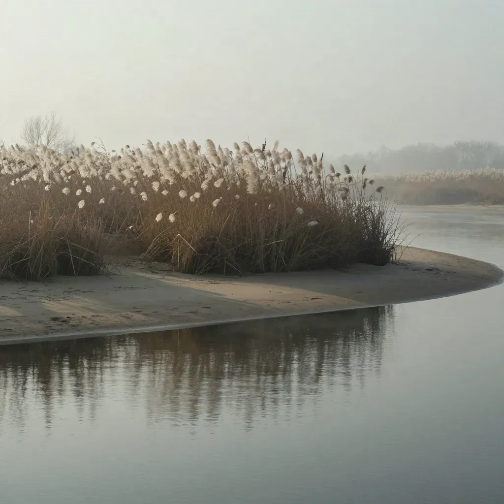 Misty riverbank with reeds, pale sand shelf, and reflective water under morning fog