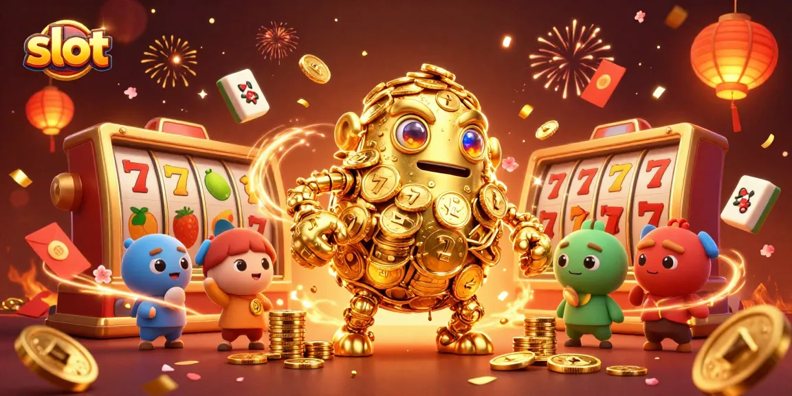Permainan slot yang mengasyikkan ditampilkan dengan golem emas dan berbagai simbol keberuntungan.