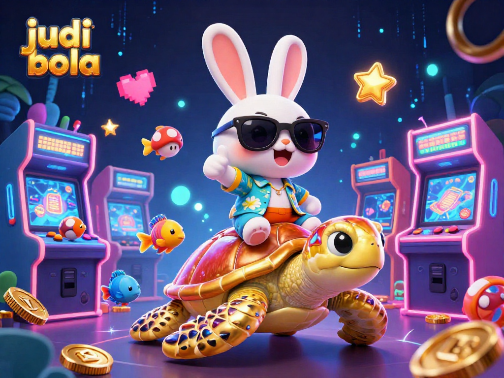 Engage in judi bola with a vibrant 3D illustration of a lucky rabbit and golden turtle in a casino atmosphere.