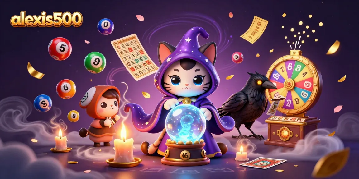 Experience thrilling gaming with alexis500, featuring a mystical scene of fortune tellers and lottery excitement.