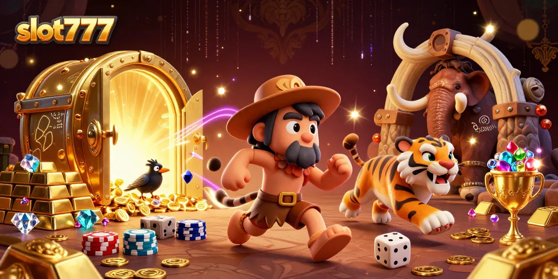 Play and win big with slot777 at an exciting prehistoric casino featuring cavemen and treasure.