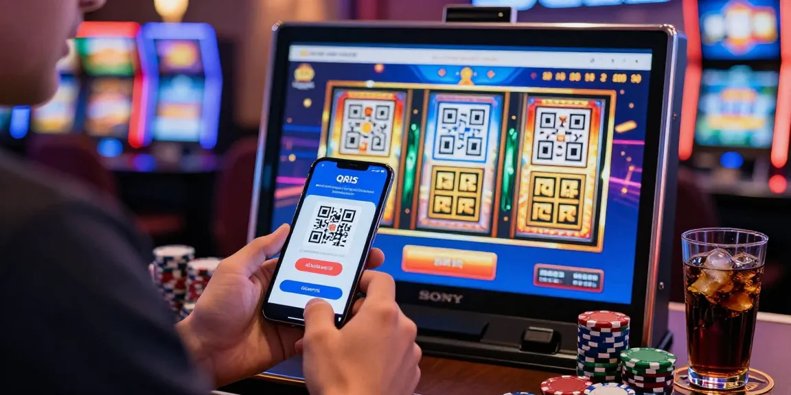Slot deposit QRIS in action on mobile device at online casino with vibrant graphics and casino chips.