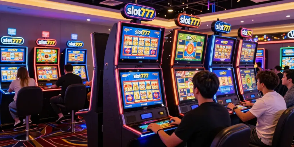 Permainan slot777 di kasino online dengan pemain merayakan kemenangan jackpot.