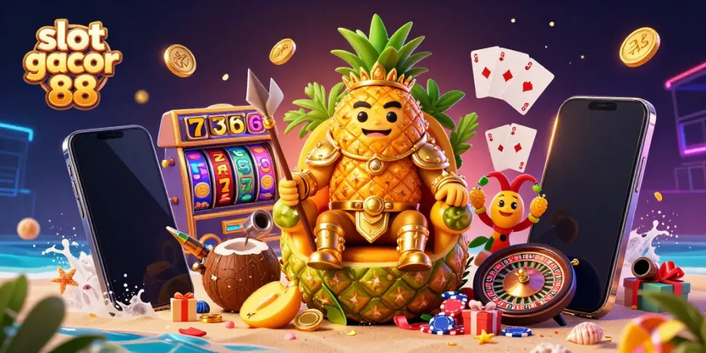 Visualize slot gacor 88 with an exciting 3D scene of festive characters, slot elements, and vibrant casino action.