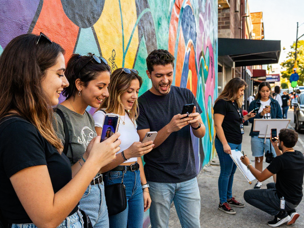 Group of friends using an app to find out who they look like celebrities in vibrant urban setting.