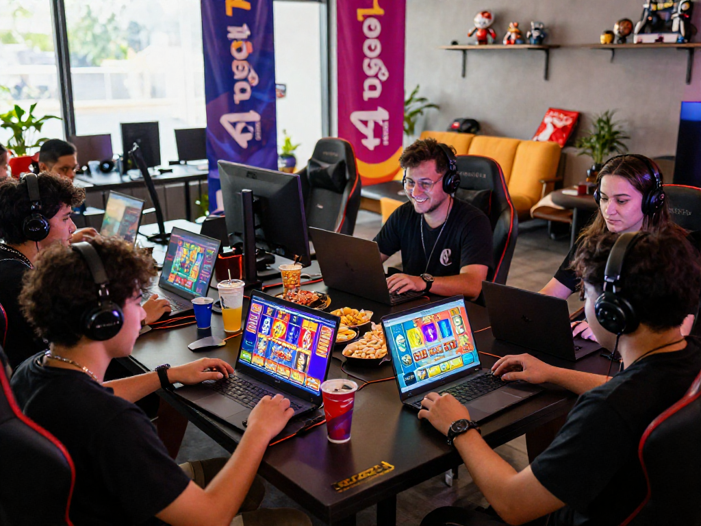 Engaging gaming scene with players enjoying togel 4d games, vibrant atmosphere and colorful graphics.