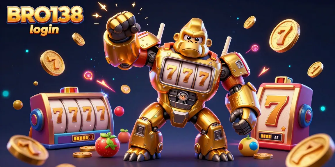 Engage with the action of BRO138 login as a golden gorilla mech dominates the slot machine scene, packed with game elements.