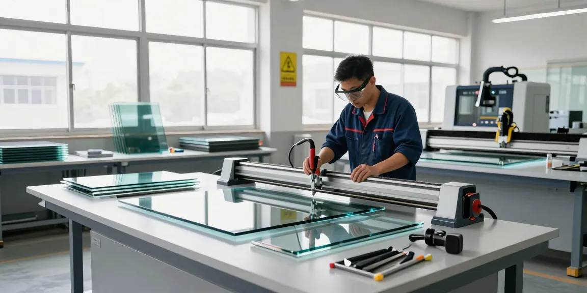 Technician using a glass cutting table in a modern glass processing workshop.