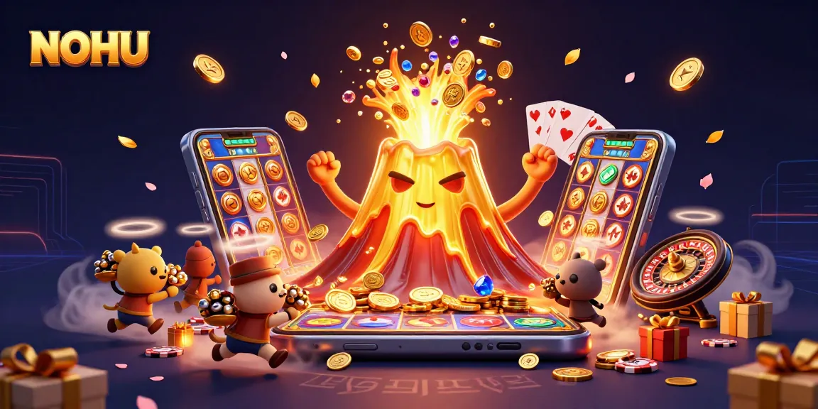 Experience thrilling wins at NOHU with vibrant 3D gaming elements showcasing coins and cards.