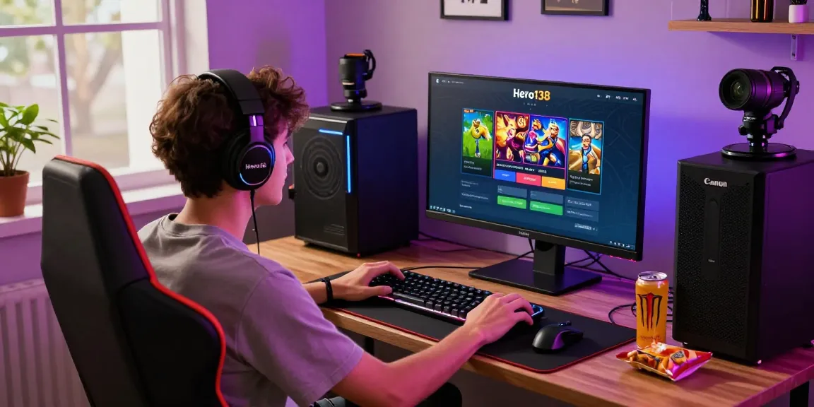 Hero138 login interface in a lively online gaming setup featuring a focused player and vibrant gaming gear.
