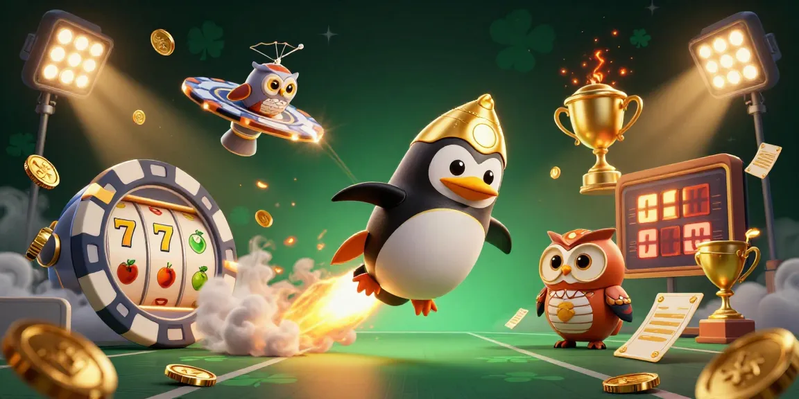 Experience slot gacor winnings with a golden penguin and casino-themed adventure illustration.