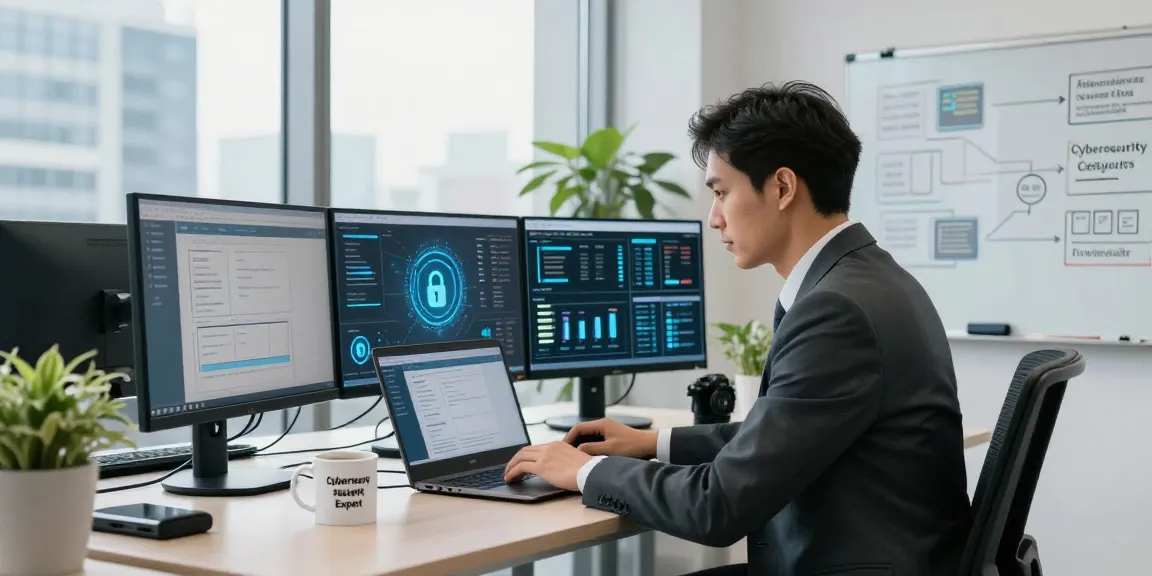 IT security expert analyzing certificados ssl on multiple monitors in a modern office
