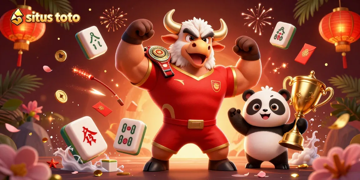 Engage with situs toto excitement featuring a heroic bull mascot, eagle and panda, amidst vibrant gambling elements.