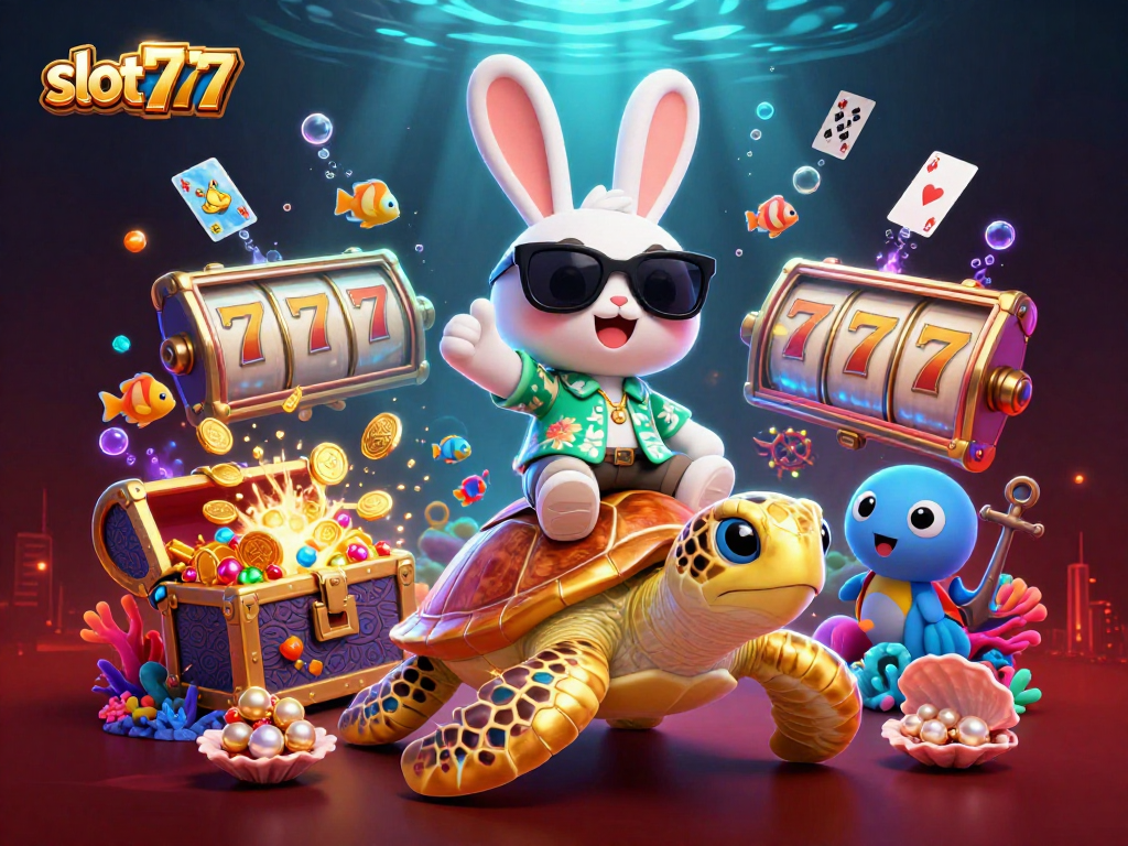 Experience thrilling slot777 gameplay with a lucky rabbit and a golden turtle in a vibrant underwater scene.
