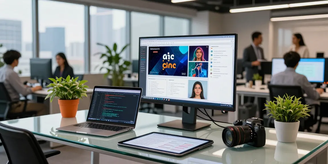 Engaged analyst detect ai image on modern office screen showcasing AI-generated content.