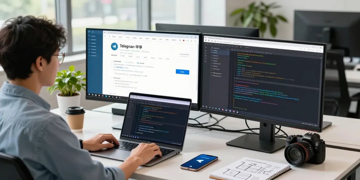 Developing the telegram chinese web version in a modern office setting.