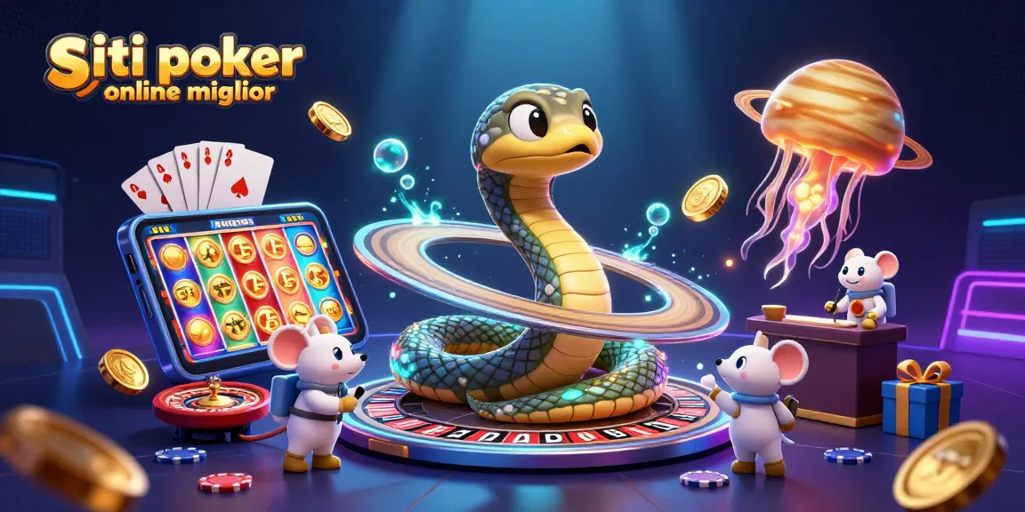 Migliori siti poker online: giocatori impegnati in una scena vivace con soldi virtuali e poker chips circondati da elementi di gioco.