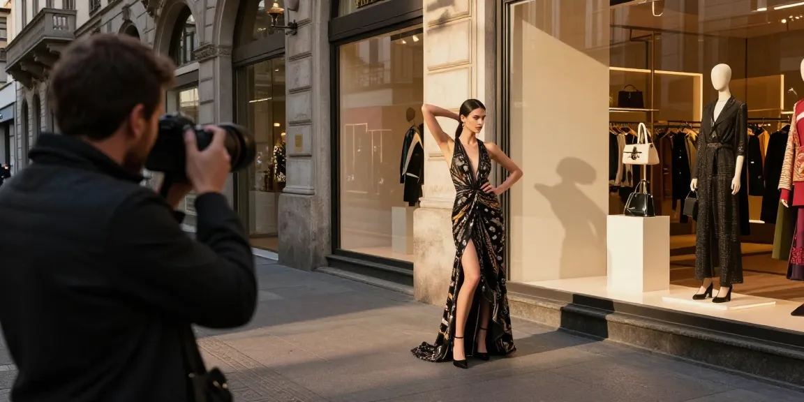 Fotografo Milano cattura una modella in abiti eleganti in un ambiente urbano di Milano.