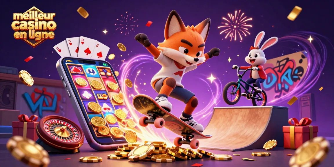 Découvrez l'excitation du meilleur casino en ligne avec cette scène dynamique en 3D d'un renard skateur et d'un lapin en BMX.
