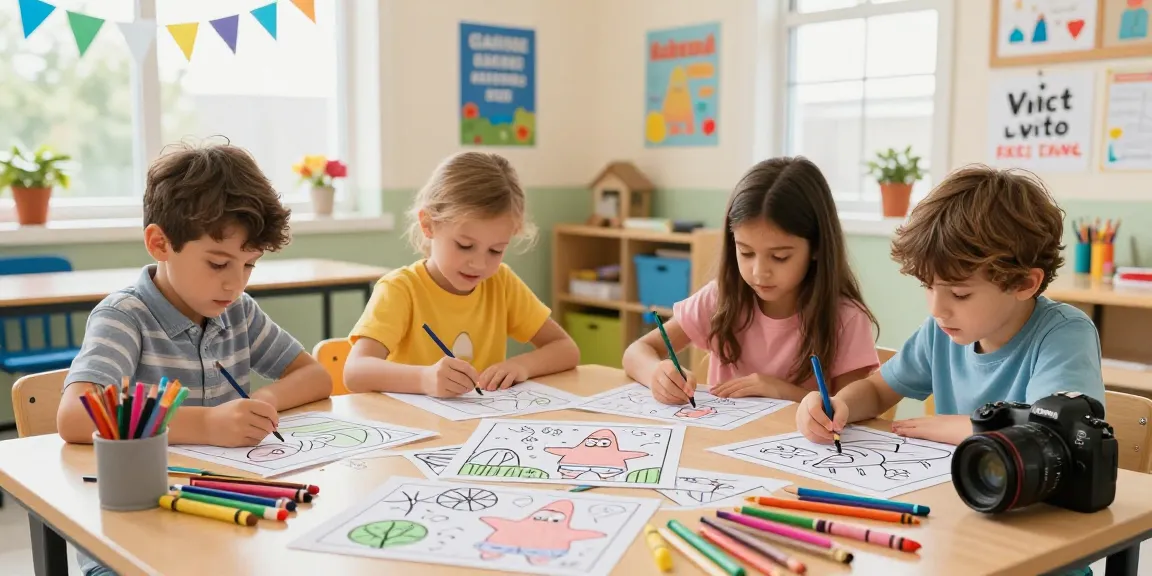 Children engaging with seasonal coloring pages featuring Patrick Star, surrounded by art supplies.