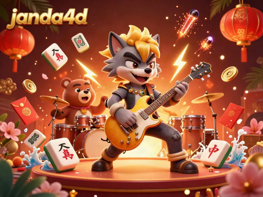 Janda4d menawarkan pengalaman bermain yang seru dengan serigala pemain gitar dan beruang drummer di panggung.