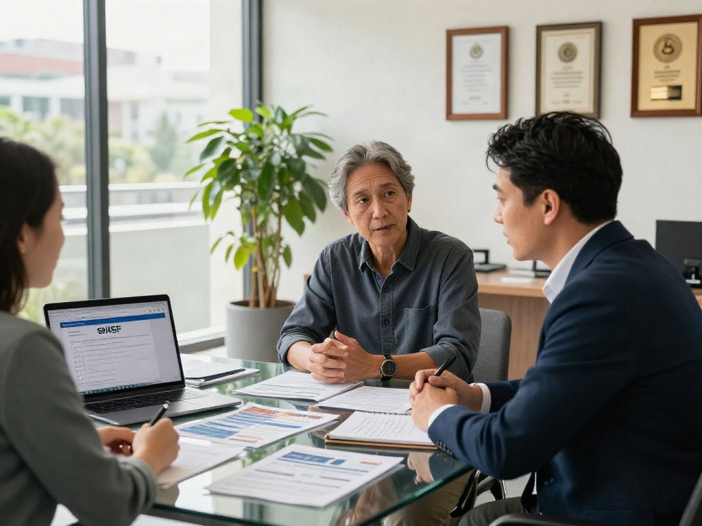 Finance advisor discussing SMSF set up details with a couple at a modern office.