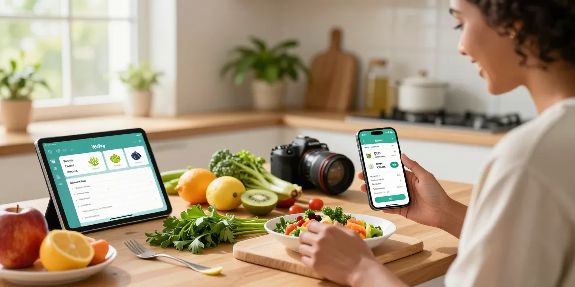 Cooking in a bright kitchen while tracking meals with the best food tracking apps for a healthy lifestyle