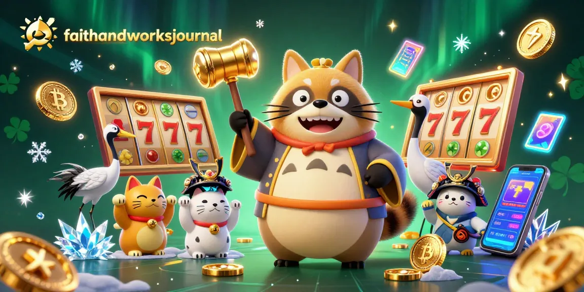Menggali peluang menang di faithandworksjournal dengan simbol slot dan kucing keberuntungan yang mendukung permainan judi.
