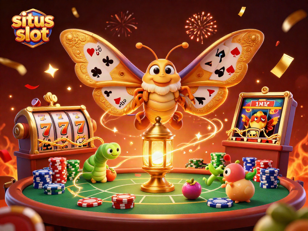 Engage with the situs slot experience featuring vibrant slot reels and a whimsical gathering of casino elements.