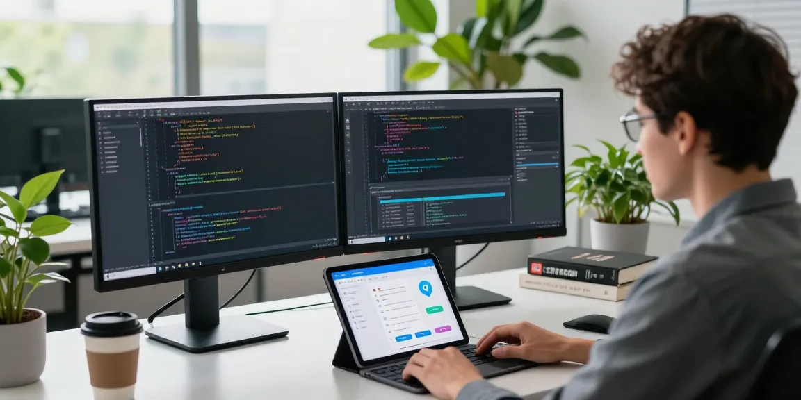 Developer working on telegraimin.com application in a modern tech workspace with coding screens