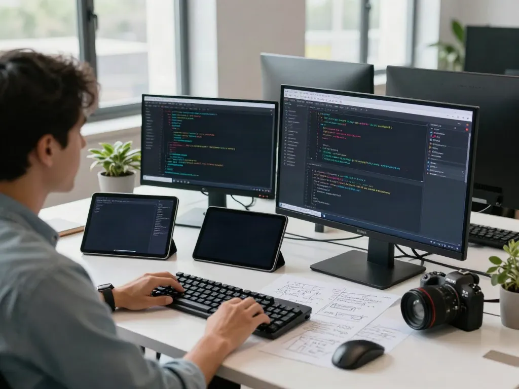 Brave浏览器 promotes a modern tech workspace highlighting a developer's tools and productivity.