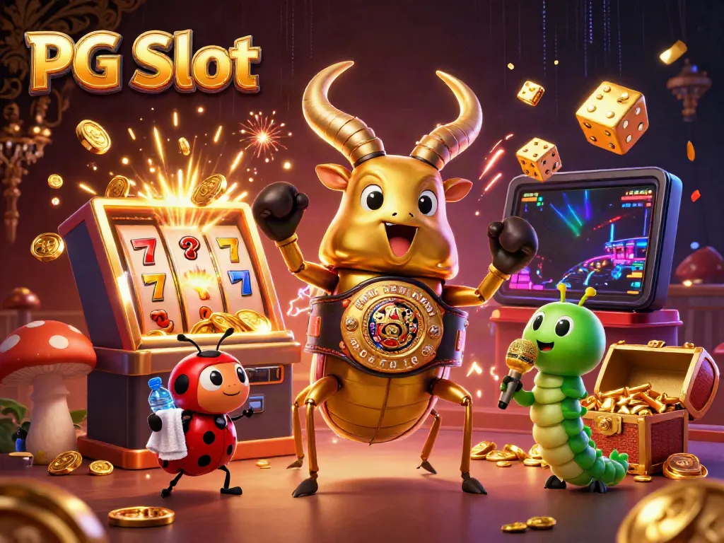 Experience thrilling PG Slot action with an energetic 3D illustration featuring a giant golden stag beetle and vibrant casino elements.