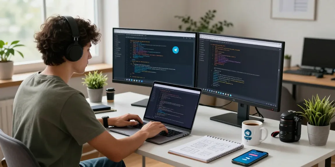 Developer coding the 纸飞机中文版 on a laptop in a modern workspace, enhancing productivity.