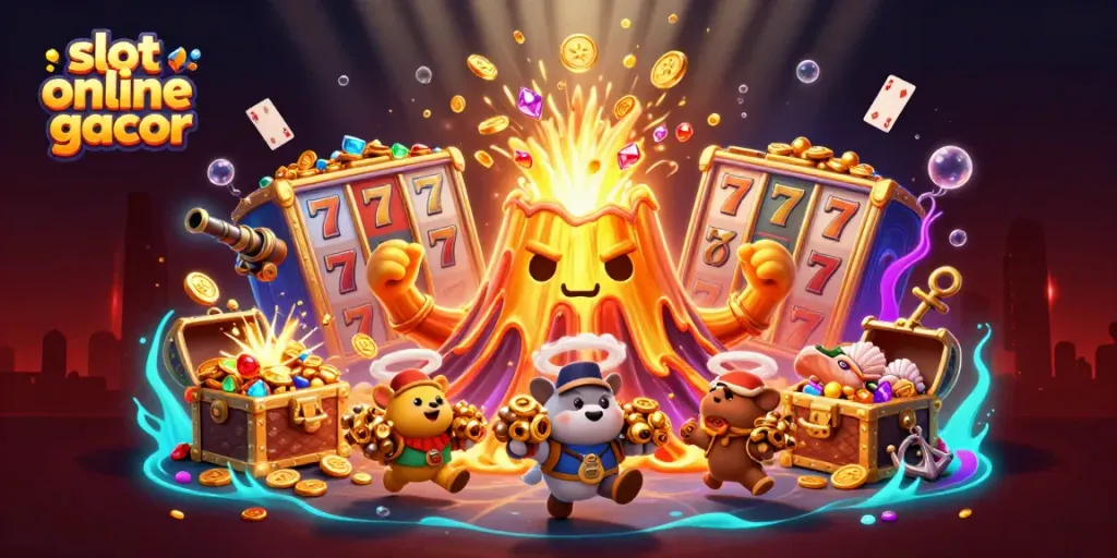 Experience the thrill of slot online gacor with a vivid 3D eruption of treasures and gaming elements.