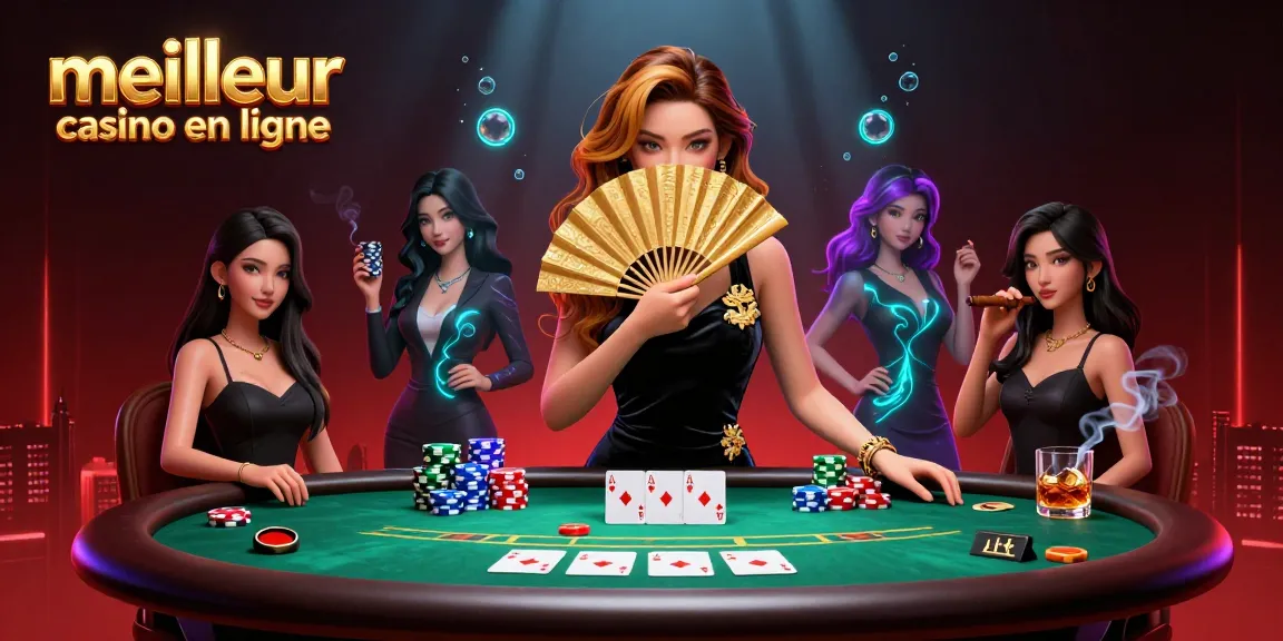 Vivez l'excitation au meilleur casino en ligne avec une scène de poker glamour présentant des éléments de jeu vibrants.