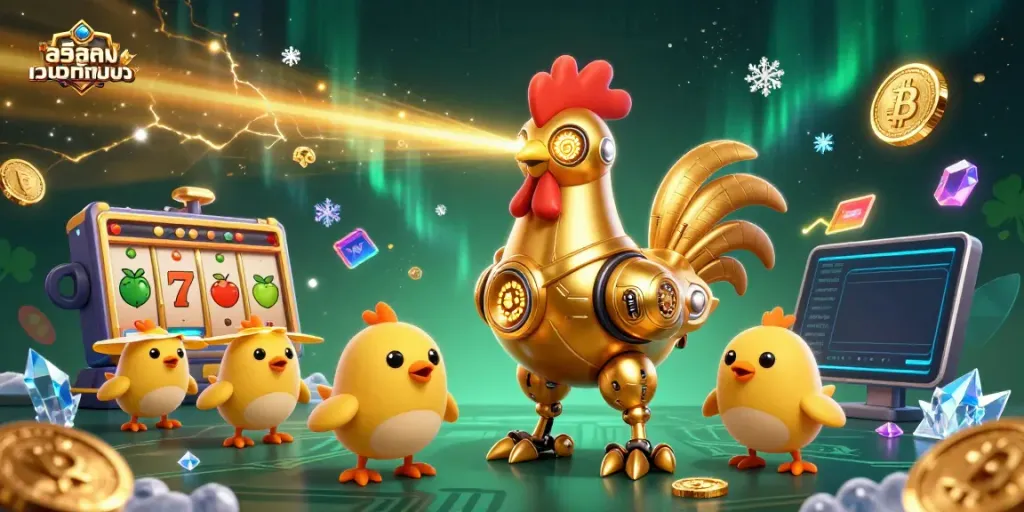 Engage with slot games in an exciting atmosphere featuring a golden rooster robot and crypto elements, สล็อตเว็บตรงทั้งหมด.