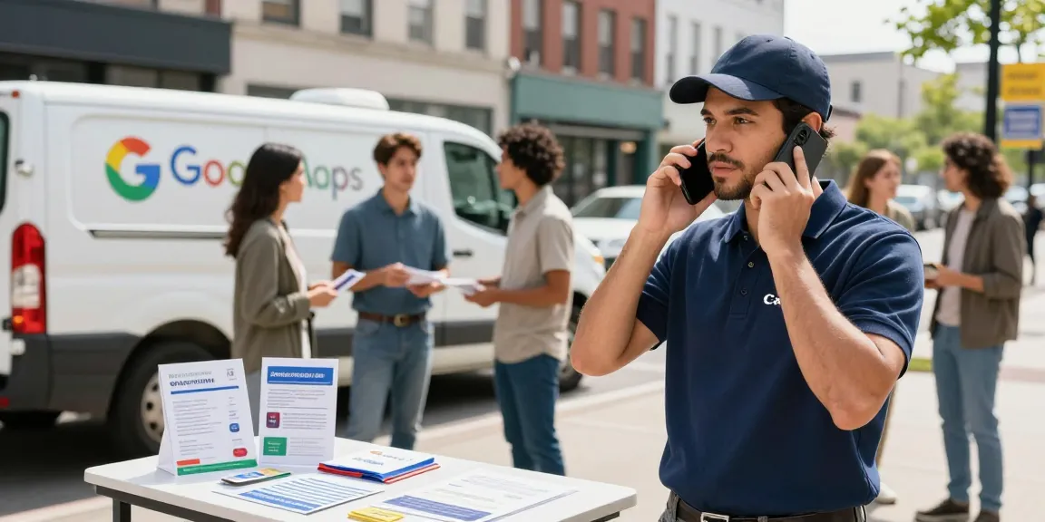 Home-service professional demonstrating Google Maps SEO services in an urban setting, engaging with clients and showcasing company branding.