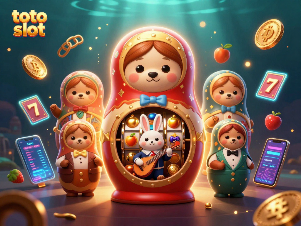 Engage in thrilling toto slot experiences with vibrant 3D cartoon characters in a lively casino setting.
