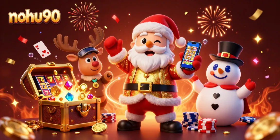 Nohu90 features a festive casino scene with Santa and games, celebrating wins in style.